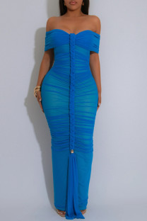 Blue Sexy Solid Color Patchwork Backless Ruched Off Shoulder Long Dresses
