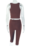 Dark Brown Sexy Solid Color Contrast Spaghetti Strap Sleeveless Two Pieces