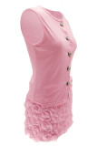 Pink Casual Solid Color Flowers Buttons O Neck Sleeveless Two Pieces