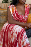 Red Elegant Print Ruched V Neck Long Dresses