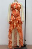 Orange Elegant Print Backless Flounce Halter Irregular Dresses