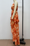 Orange Elegant Print Backless Flounce Halter Irregular Dresses