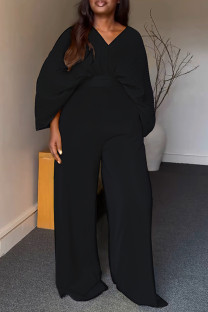 Black Casual Daily Solid Color Ruched Belted V Neck Three Quarter Two Pieces