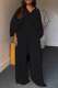 Black Casual Daily Solid Color Ruched Belted V Neck Three Quarter Two Pieces