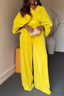 Yellow Casual Daily Solid Color Ruched Belted V Neck Three Quarter Two Pieces
