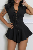 Black Sexy Hot Solid Color Belted Turndown Collar Regular Rompers