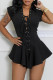 Black Sexy Hot Solid Color Belted Turndown Collar Regular Rompers