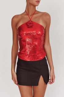 Red Sexy Daily Solid Color Sequins Backless Belted Halter Tops