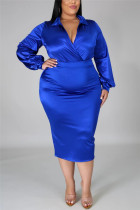 Blue Fashion Sexy Solid Basic Turndown Collar Plus Size Set