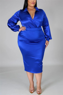 Blue Fashion Sexy Solid Basic Turndown Collar Plus Size Set