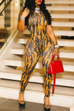 Yellow Sexy Casual Print Backless Half A Turtleneck Skinny Jumpsuits
