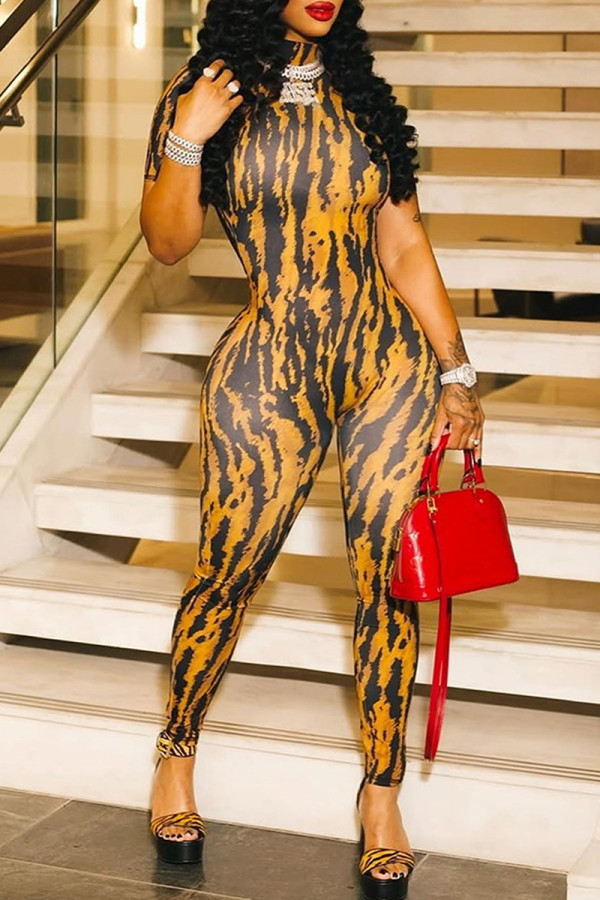 Yellow Sexy Casual Print Backless Half A Turtleneck Skinny Jumpsuits