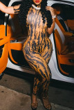 Yellow Sexy Casual Print Backless Half A Turtleneck Skinny Jumpsuits