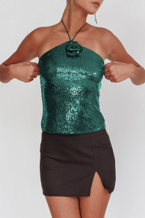 Green Sexy Daily Solid Color Sequins Backless Belted Halter Tops