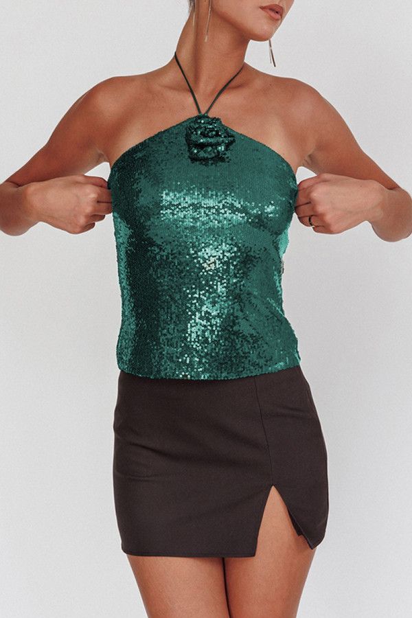 Green Sexy Daily Solid Color Sequins Backless Belted Halter Tops