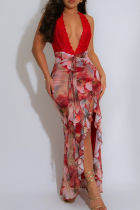 Red Sexy Print Backless Slit Strap Design Deep V Neck Irregular Dresses