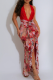 Red Sexy Print Backless Slit Strap Design Deep V Neck Irregular Dresses