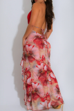 Red Sexy Print Backless Slit Strap Design Deep V Neck Irregular Dresses