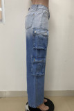 Blue Casual Street Daily Gradient Color Pocket Patchwork Mid Waist Straight Denim Jeans