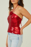 Red Sexy Daily Solid Color Sequins Backless Belted Halter Tops