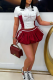 Burgundy Sexy Letters Lace Contrast Turndown Collar Short Sleeve Two Pieces