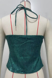 Red Sexy Daily Solid Color Sequins Backless Belted Halter Tops
