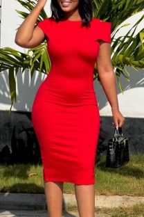 Red Casual Daily Solid Color Basic O Neck Wrapped Skirt Short Sleeve Dress