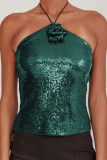 Red Sexy Daily Solid Color Sequins Backless Belted Halter Tops