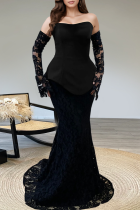 Black Sexy Solid Color Lace Slit Strapless Long Sleeve Two Pieces