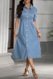Deep Blue Casual Daily Solid Color Buttons Turndown Collar Short Sleeve Regular Denim Dresses