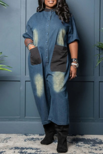 Blue Casual Daily Patchwork Pocket Buttons O Neck Half Sleeve Regular Denim Jumpsuits