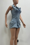 Sky Blue Sexy Solid Color Zipper Boot Cut Rompers