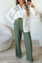 White Casual Daily Print Buttons Turndown Collar Long Sleeve Two Pieces