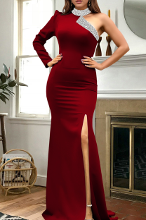 Burgundy Sexy Solid Color Slit Hot Drill O Neck Long Dresses