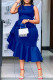Blue Casual Daily Elegant Solid Color Ruffle Irregular Hem O Neck Wrapped Skirt Dresses