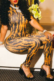 Yellow Sexy Casual Print Backless Half A Turtleneck Skinny Jumpsuits