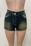 Blue Sexy Casual Street Daily Patchwork Basic Mid Waist Regular Denim Shorts