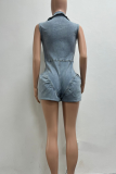 Sky Blue Sexy Solid Color Zipper Boot Cut Rompers