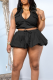Black Sexy Solid Color Pocket Zipper Turndown Collar Sleeveless Two Pieces