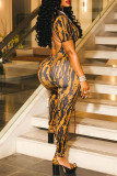 Yellow Sexy Casual Print Backless Half A Turtleneck Skinny Jumpsuits