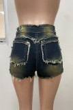 Blue Sexy Casual Street Daily Patchwork Basic Mid Waist Regular Denim Shorts