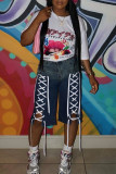Deep Blue Casual Daily Gradient Color Pocket Patchwork Belted Mid Waist Straight Denim Shorts