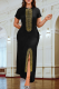 Black Gold Elegant Slit Hot Drill O Neck Long Dresses
