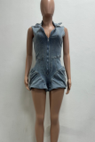 Sky Blue Sexy Solid Color Zipper Boot Cut Rompers