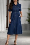 Deep Blue Casual Daily Solid Color Buttons Turndown Collar Short Sleeve Regular Denim Dresses