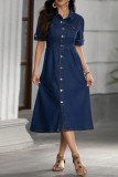 Deep Blue Casual Daily Solid Color Buttons Turndown Collar Short Sleeve Regular Denim Dresses