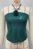Red Sexy Daily Solid Color Sequins Backless Belted Halter Tops