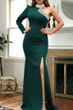Ink Green Sexy Solid Color Slit Hot Drill O Neck Long Dresses