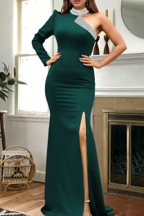 Ink Green Sexy Solid Color Slit Hot Drill O Neck Long Dresses