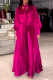 Rose Red Casual Solid Color Strap Design Pleated Asymmetrical Collar Long Sleeve Two Pieces